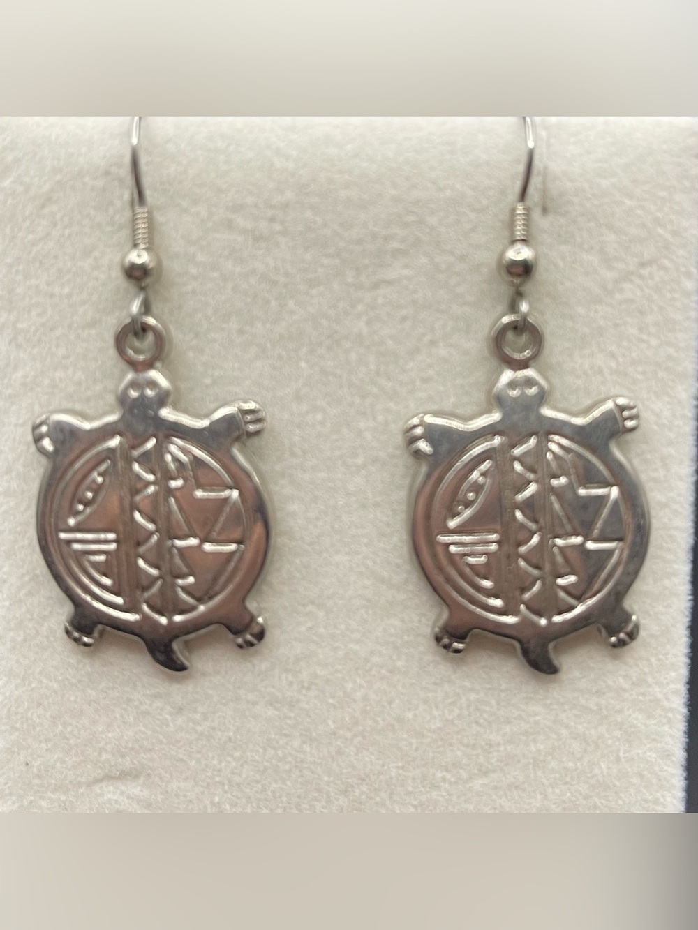 Artisan Sterling Silver Turtle Dangle Earrings Geometric Overlay 10.3g